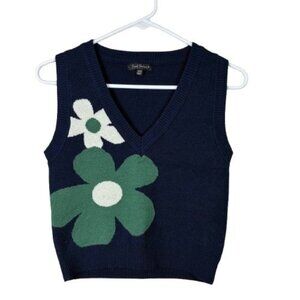 VTG Y2K Smak Parlour Floral Knit Sweater Vest Navy Blue Size XS/S Cottagecore